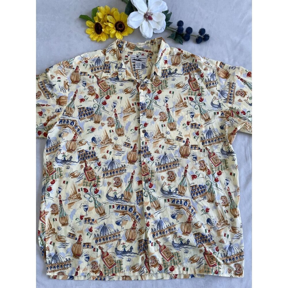 Island Connection Italian-Themed Hawaiian colorful Yellow Print Shirt XL